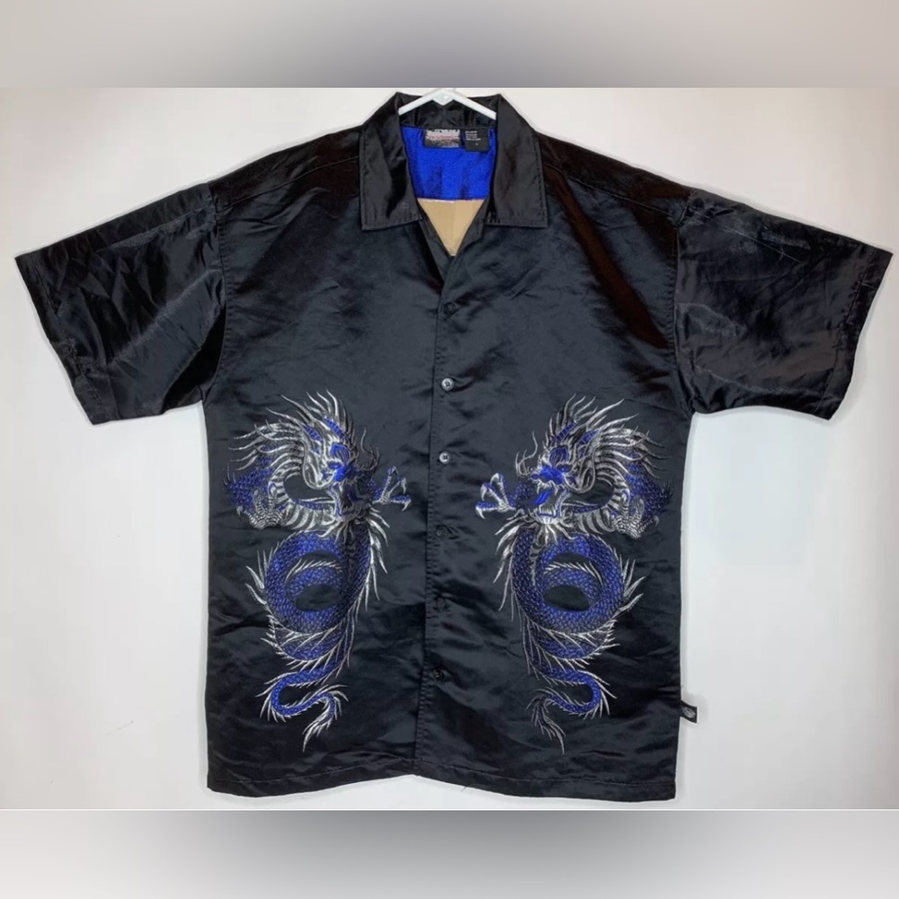 Epidemic Mens L Black Blue Asian Dragons Graphic Edgy Bad Boy Button Front Shirt